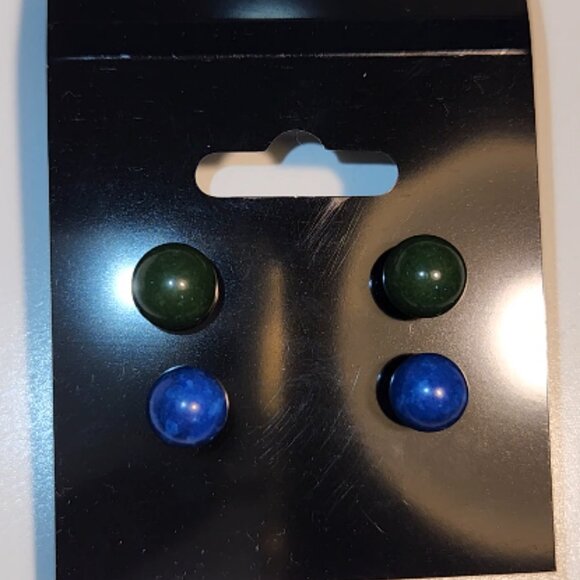Two Pairs of Rounded Stud Earrings - Dark Green & Dark Blue - Picture 1 of 3